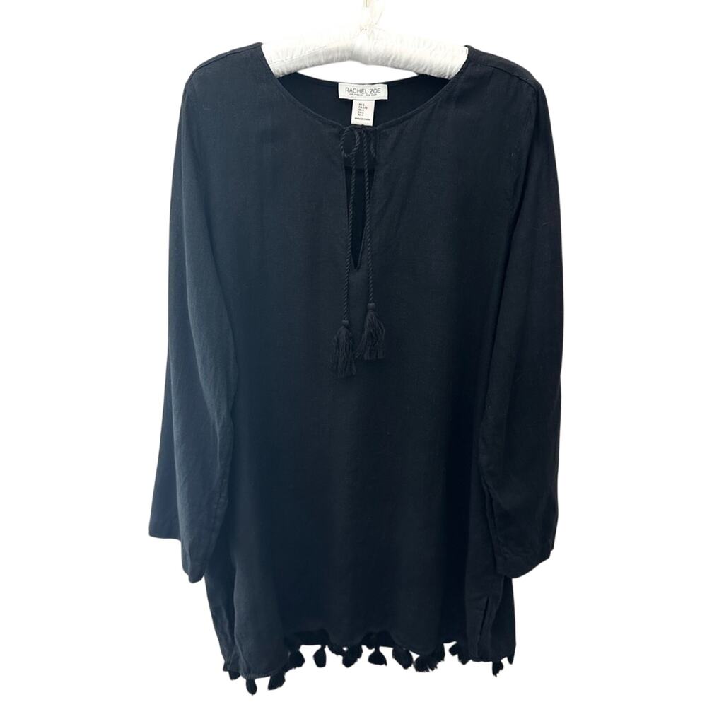 RACHEL ZOË | Black Linen Tunic Top Boho Tassel Hem Resort Blouse | Large